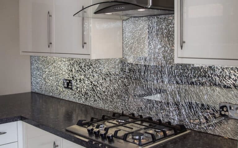 Broken glass effect kitchen splashback on 2 walls