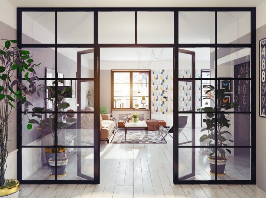 An indoor large wall glass partition leading into a living room